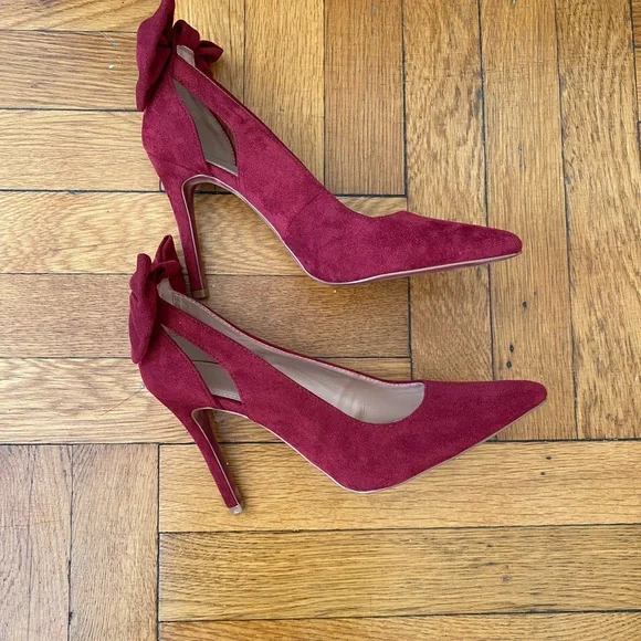 ZBY Burgundy Ankle Bow Heels - Faux Suede - Size 6.5 - Picture 4 of 6